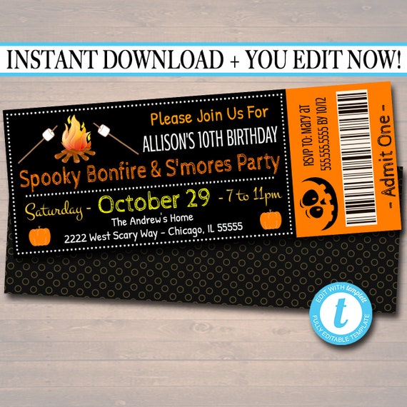 Editable Bonfire Invitation, Kid's Birthday Invite, Fall Harvest Printable Invitation Halloween, S'mores Pumpkin Carving Ticket Template Il_570xn