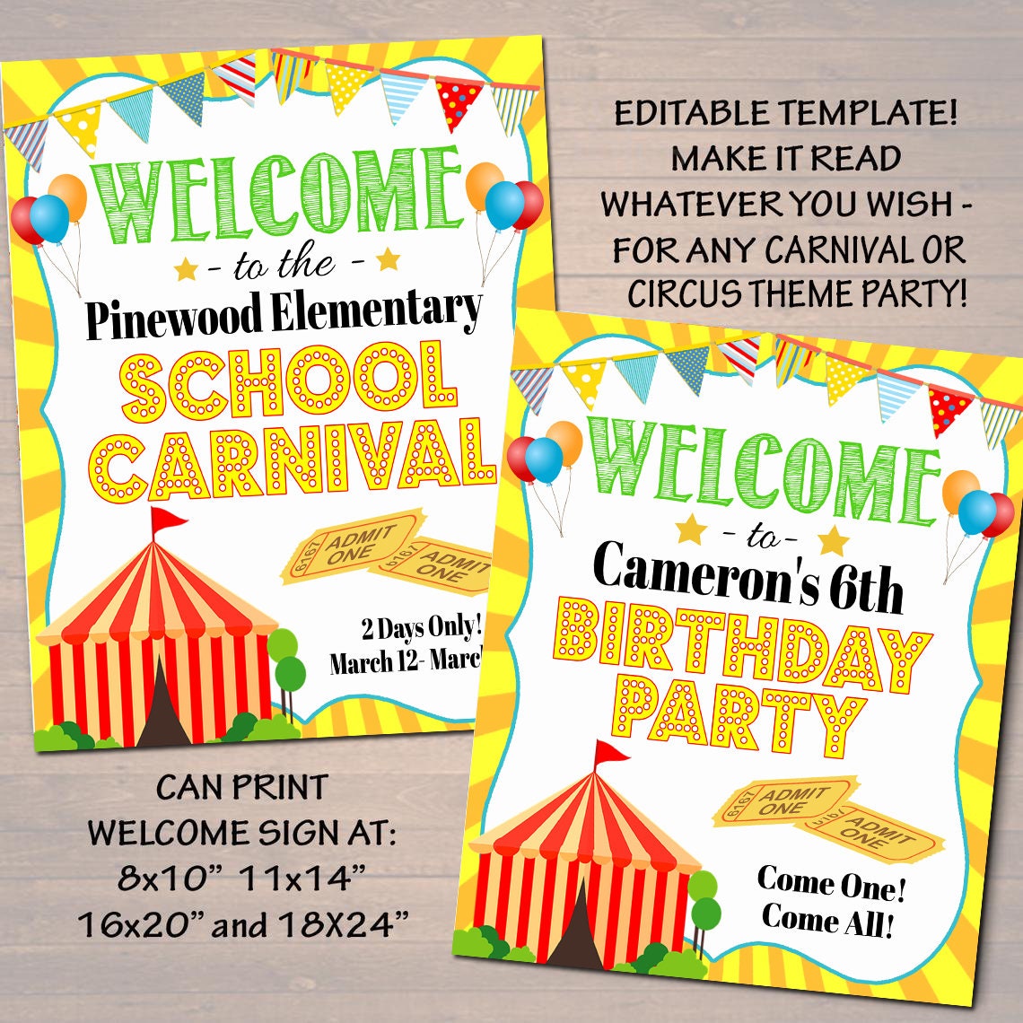 Editable School Carnival Signs: Circus Party Poster (digital Download ...