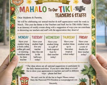 Tropical Luau Theme Teacher Appreciation Newsletter: Family Student Take Home Sheet (Printable, Editable)
