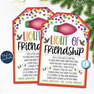 Etiqueta de tarjeta con la luz de la amistad, idea de regalo para amigos en Navidad, adorno con purpurina navideña, poema imprimible para adornos de amistad, PLANTILLA EDITABLE