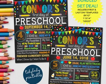 May include: Two chalkboard-style preschool milestone signs with colorful text and graphics. The signs include the text "Connor's First Day of Preschool" and "Connor's Last Day of Preschool". The signs also include the text "Bundled Set Deal!" and "Tidlylady Printables".
