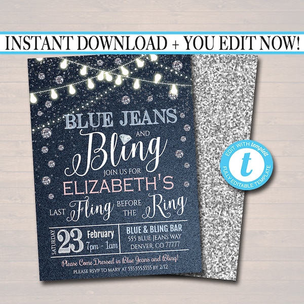 EDITABLE Denim and Diamonds Bachelorette Party Invitation, Bridal Shower Wedding Digital Invite, Ladies Night Country Party INSTANT DOWNLOAD