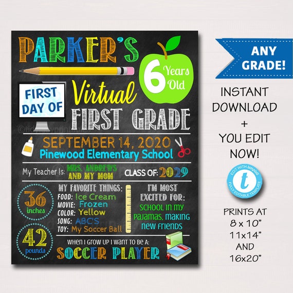 First Day Of Virtual School Sign, Back to School 2020 Chalkboard Poster Quarantine Sign, Any Grade Sign, 1st Day of School Editable Template Il_570xn