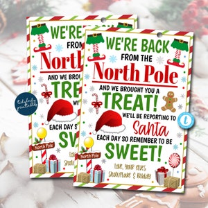 Elf we zijn terug cadeau tags, kerst elf traditie, Elfen terug met geschenken, Elf cadeau tags, Elf terug van de Noordpool, Elf Return Treat BEWERKBAAR
