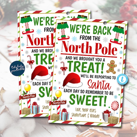 Elf we're back gift tags, christmas elf tradition, Elves back with gifts, Elf gift tags, Elf back from North Pole, Elf Return Treat EDITABLE Il_570xn