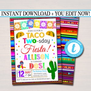 Editable Taco Two-sday Second Birthday Fiesta Invitation, Chalkboard Printable Kid&#39;s Birthday Party, Cinco De Mayo Invite, INSTANT DOWNLOAD