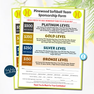Softbalsponsorformulier, sponsorlidmaatschap donatie aanmelding afdrukbare hand-out, teamschoolsportfondsinzamelingsevenement, BEWERKBARE SJABLOON