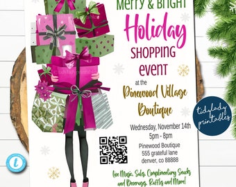 May include: A festive invitation for a holiday shopping event at Pinewood Village Boutique. The invitation features a cartoon illustration of a woman carrying a stack of wrapped gifts. The event is on Wednesday, November 14th from 5pm to 8pm. The address is 555 Grateful Lane, Denver, CO 88888. The event includes live music, sales, complimentary snacks and beverages, raffles, and more. The first 20 people in the door get a free handbag.