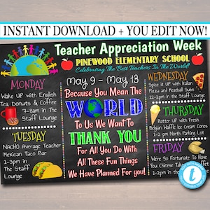 Editable World Theme Teacher Appreciation Week Itinerary Poster (Digital Download)
