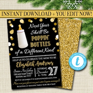 New Years Baby Shower Invitation, poppin bottles Holiday Party Invite, Baby Sprinkle, Printable New Years Invite Template, INSTANT DOWNLOAD imagem 1