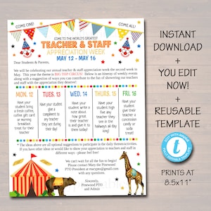 Editable Circus Theme Teacher Appreciation Big Top Invitation Newsletter Printable Appreciation Week Events Take Home Flyer INSTANT DOWNLOAD