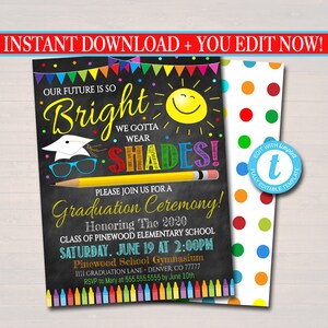 Invitación de graduación de jardín de infantes, invitación a la ceremonia de graduación de preescolar preescolar, el futuro es tan brillante que tenemos que usar sombras PLANTILLA EDITABLE