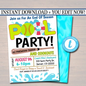 Softball Pool Party Invitation: Editable Team BBQ, End of School (Digital Invite)