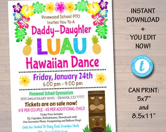 EDITABLE Daddy Daughter Dance Set School Dance Flyer Party Invitation Hawaiian Luau Event Church Community Event, pto, pta, INSTANT DOWNLOAD