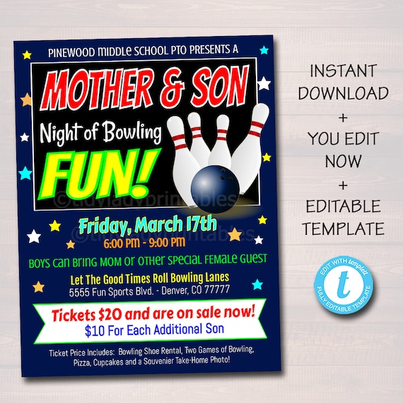 Mother Son Bowling Flyer, Dance Date Invitation, Family Game Night, Church Community Event, School pto, pta, INSTANT DOWNLOAD, Editable Il_570xn