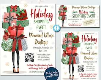 Op de afbeelding: Uitnodiging voor een kerst-shopevent bij Pinewood Village Boutique. De uitnodiging toont een vrouw die een stapel ingepakte cadeaus draagt, een QR-code en de eventdetails: woensdag 14 november, 17:00-20:00 uur, 555 grateful lane, Denver, CO 88888. Livemuziek, verkopen, gratis snacks en drankjes, loterijen en meer. De eerste 20 mensen die binnenkomen, krijgen een gratis cadeau.