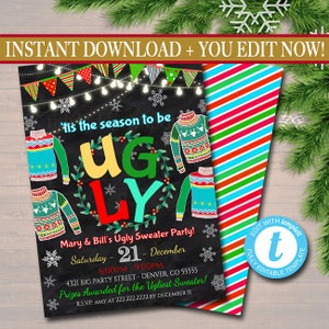 EDITABLE Ugly Sweater Party Invitation, Christmas Party Invitation Holiday Eat, Drink & Be Ugly Christmas Party, Holiday Ugly Sweater Invite
