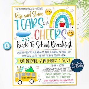 EDITABLE Tears and Cheers Breakfast, Printable PTA PTO Flyer Invite, School Fundraiser Poster, Back To School Invite, Printable Invitation