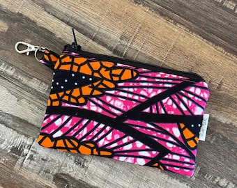 African Fabric Coin Purse, Small Zipper Pouch with Keychain Attachment