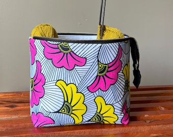 Bolsa de proyecto de punto floral, bolsa de proyecto de ganchillo, bolsa de mano de hilo, bolsa grande de proyecto de punto, regalo para tejedor, bolsa de proyecto de calcetín