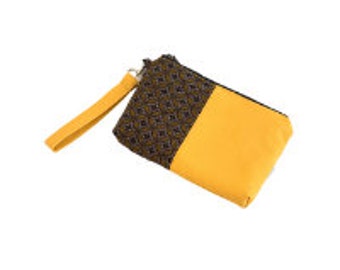 South Africa Shweshwe Fabric purses, african print clutch purse, yellow wristlet clutch, leteise zipper pouch, phone wristlet