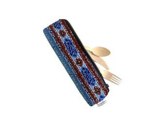 Blue African fabric reusable utensil cutlery pouch, fabric cutlery pouch,  cloth utensil carrying case, silverware pouch
