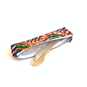 Orange and Green African fabric reusable utensil cutlery pouch, fabric cutlery pouch,  cloth utensil carrying case, silverware pouch