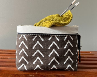 Cat Proof Mudcloth Knitting Project Bag, Crochet Yarn Project Bag, Gifts for Knitters, Sock Project Bag, Project Bag for Knitting