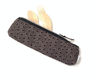 Brown Shweshwe African fabric travel cutlery case for utensils, Zero Waste cutlery pouch, reusable straw pouch, travel cutlery case zippered