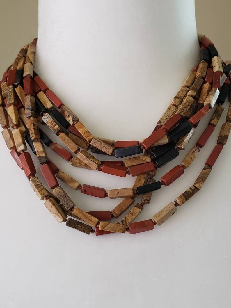 Vintage boho Carolyn Tanner black onyx red and picture jasper stone bead