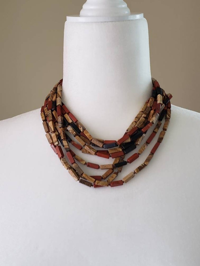 Vintage boho Carolyn Tanner black onyx red and picture jasper stone bead