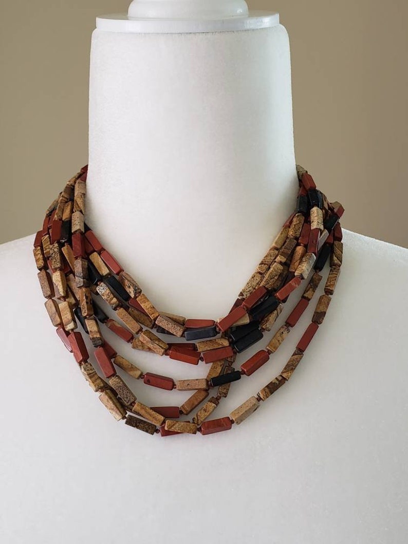 Vintage boho Carolyn Tanner black onyx red and picture jasper stone bead