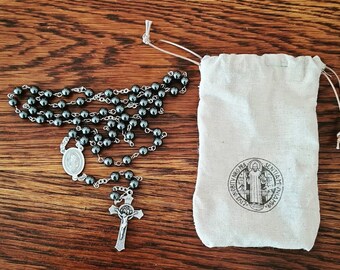 St Benedict hematite rosary with Miraculous Medal crucifix