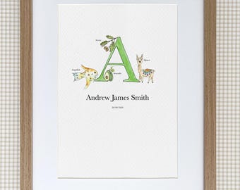 Personalized Letter A Watercolor Print, Nursery Decor
