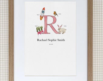 Personalized Letter R Nursery Print, Watercolor Initial Illustration