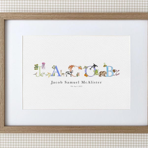Illustration de nom aquarelle personnalisée, décoration de chambre d'enfant, impression de naissance