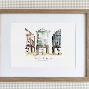 Capanne sulla spiaggia - Wells-next-the-sea, stampa personalizzata, illustrazione ad acquerello