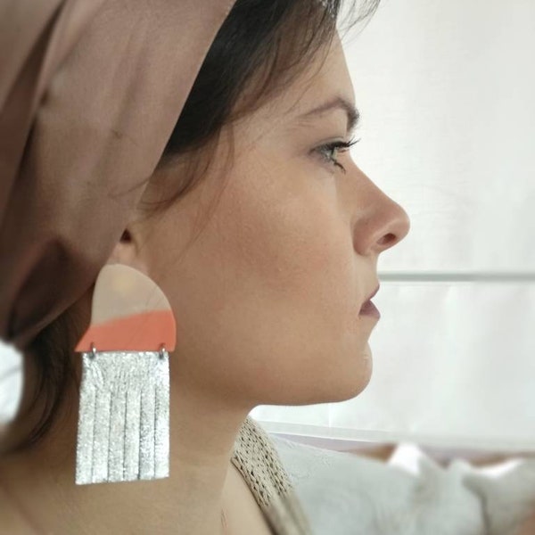 MASHA. polymer clay statement earring. Silver Fringe earrings. Peach earring. Geometric earrings. Orange and beige earrings