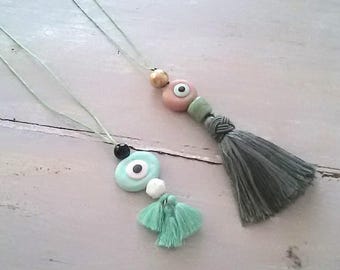 Evil eye pendant / Clay pendant / Tassel pendant / Polymer clay pendant / clay and tassels necklace