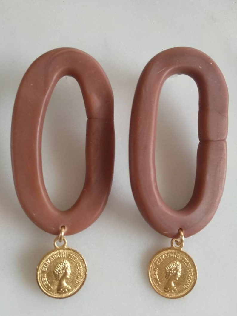 polymer clay statement earring. Brown oval earrings. Geometric earrings. Drop earrings. Golden coin earrings. image 7