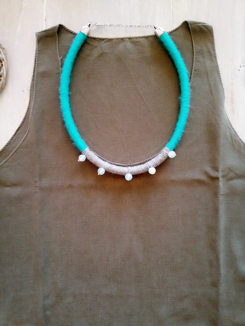 WAVE. Yarn Necklace With Opal Beads . Wrapped Yarn Necklace. Etsy