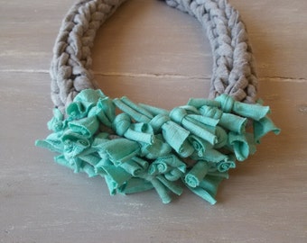 ELECTRA - chunky crocheted necklace in grey  T shirt yarn and turquoise fringes - yarn necklace - t shirt necklace with blue fringes