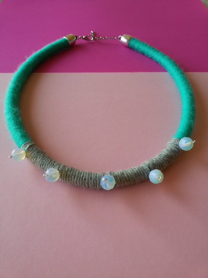 WAVE. Yarn Necklace With Opal Beads . Wrapped Yarn Necklace. Etsy