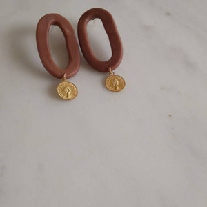 polymer clay statement earring. Brown oval earrings. Geometric earrings. Drop earrings. Golden coin earrings. image 4
