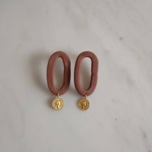 polymer clay statement earring. Brown oval earrings. Geometric earrings. Drop earrings. Golden coin earrings. image 2