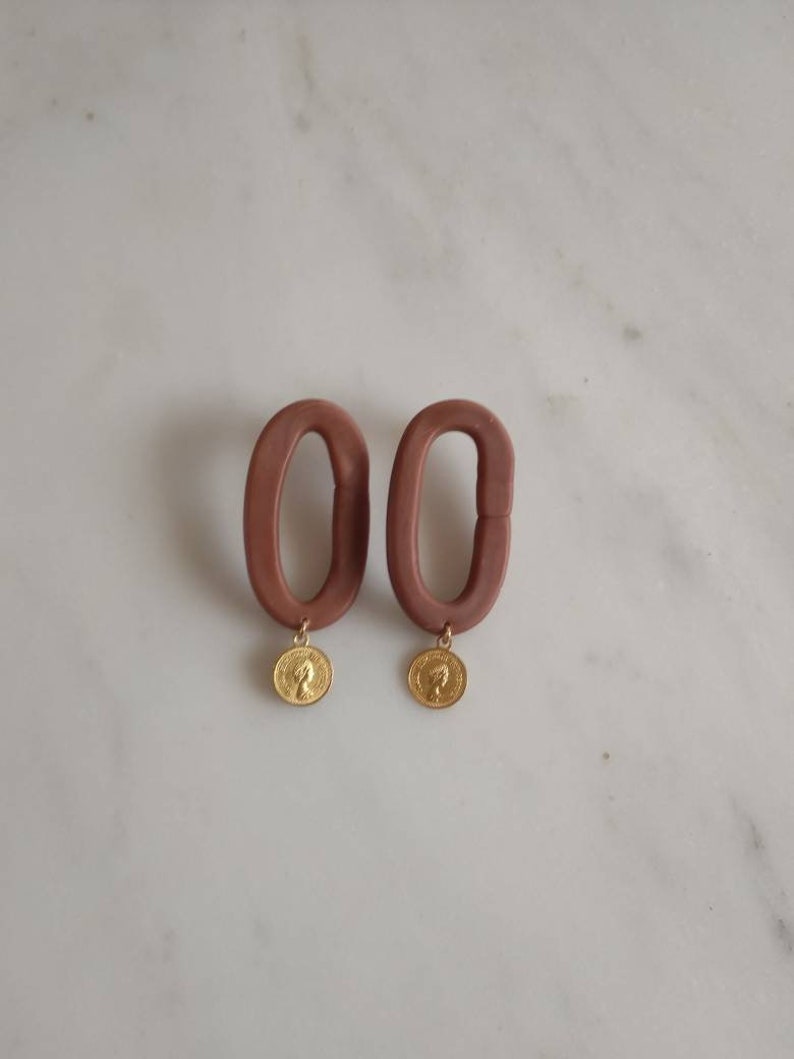 polymer clay statement earring. Brown oval earrings. Geometric earrings. Drop earrings. Golden coin earrings. image 2