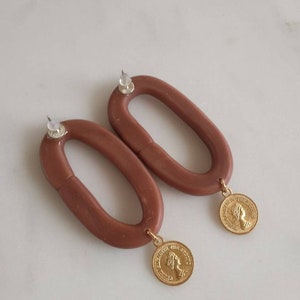 polymer clay statement earring. Brown oval earrings. Geometric earrings. Drop earrings. Golden coin earrings. image 5