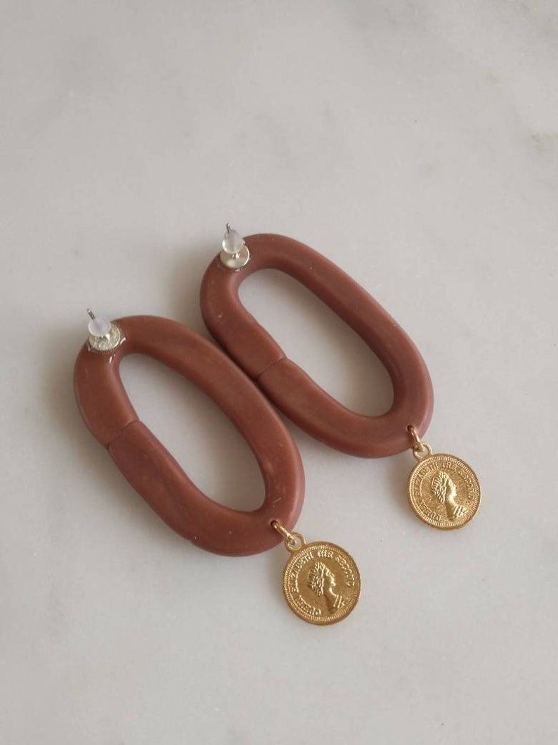 polymer clay statement earring. Brown oval earrings. Geometric earrings. Drop earrings. Golden coin earrings. image 5