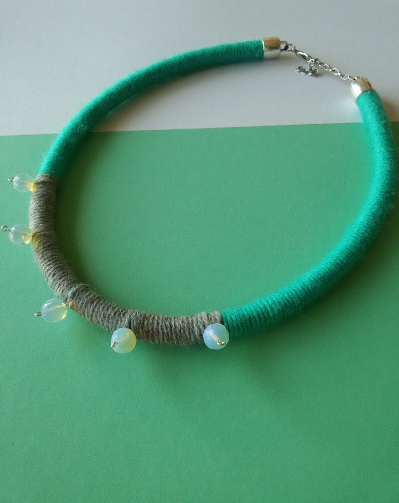 WAVE. Yarn Necklace With Opal Beads . Wrapped Yarn Necklace. Etsy