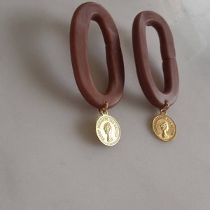 polymer clay statement earring. Brown oval earrings. Geometric earrings. Drop earrings. Golden coin earrings. image 8